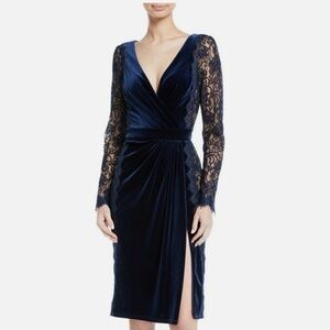 Tadashi Shoji Navy Velvet Dress with Lace Sleeves